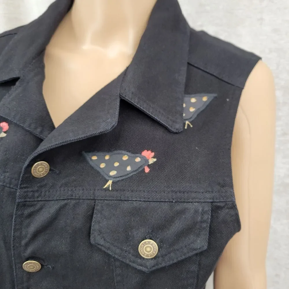 Vintage 80s Black Denim Vest with Embroidered Patches Chickens Farmcore - Picture 8 of 16